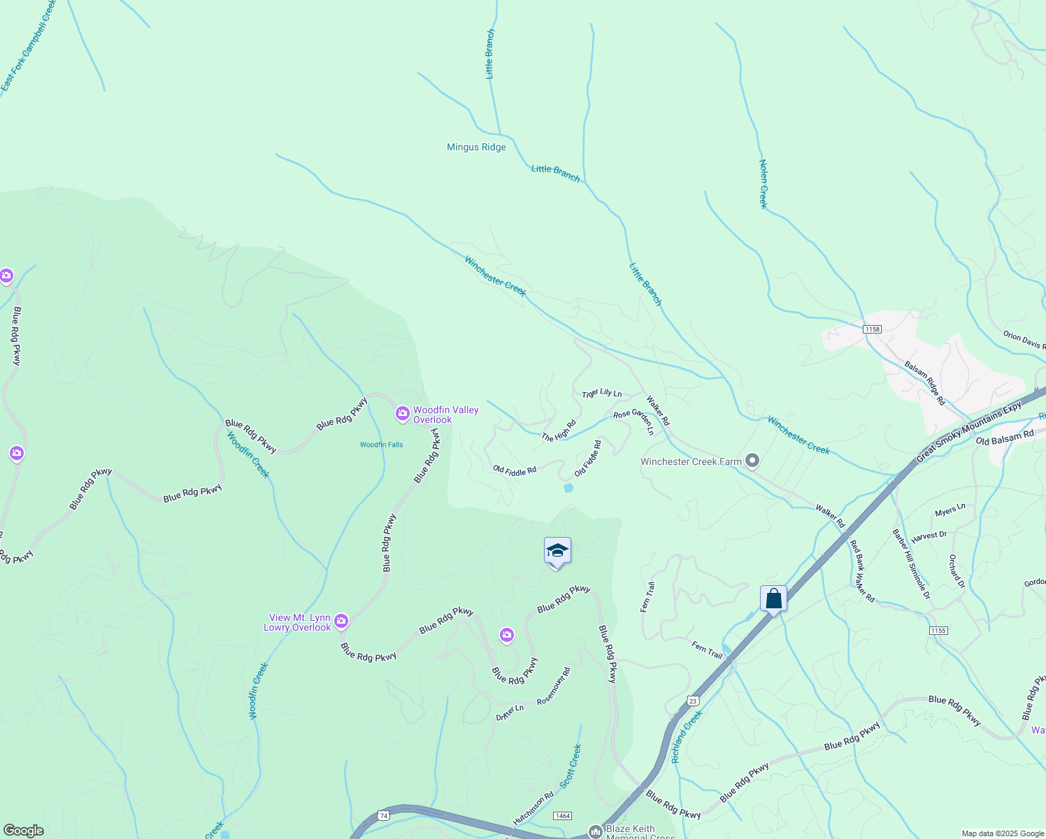 map of restaurants, bars, coffee shops, grocery stores, and more near 22 Peaceful Falls Drive in Waynesville