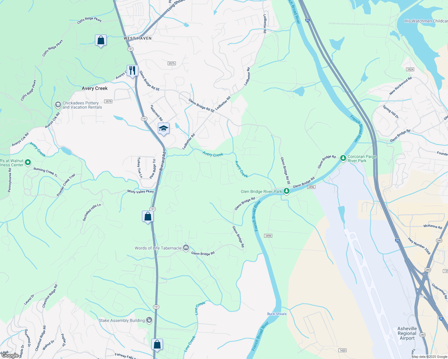map of restaurants, bars, coffee shops, grocery stores, and more near 58 Lance Road in Arden