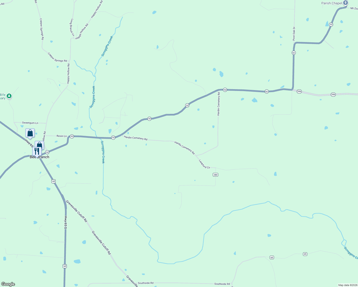 map of restaurants, bars, coffee shops, grocery stores, and more near Hardin Cemetery Road in Bee Branch