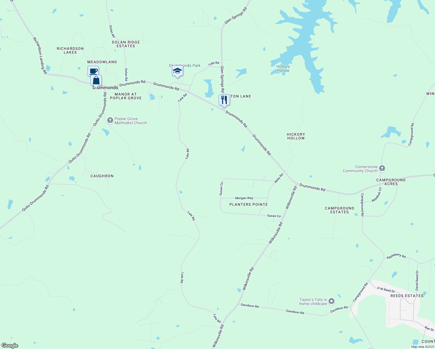 map of restaurants, bars, coffee shops, grocery stores, and more near 781 Susan Circle in Drummonds
