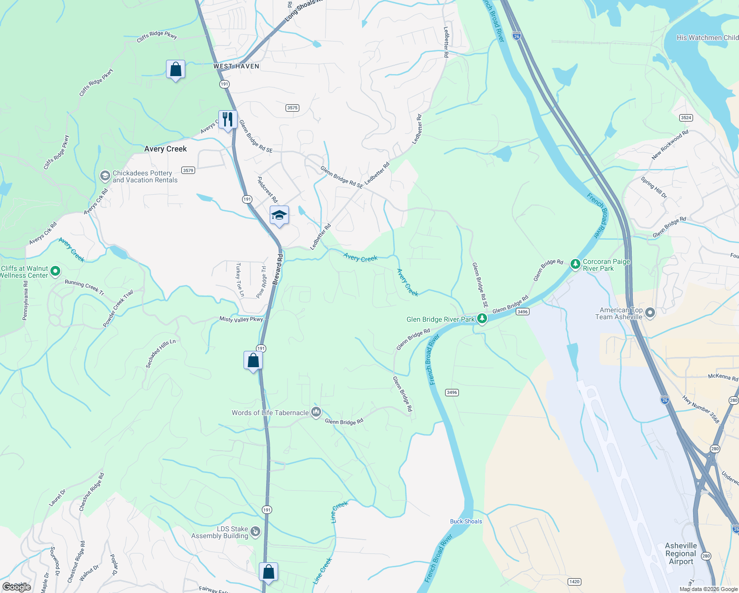 map of restaurants, bars, coffee shops, grocery stores, and more near 58 Lance Road in Arden
