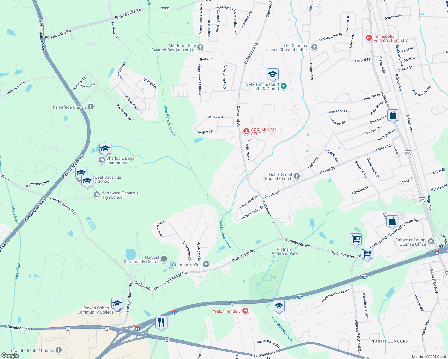 map of restaurants, bars, coffee shops, grocery stores, and more near 1837 Middlebury Court in Kannapolis