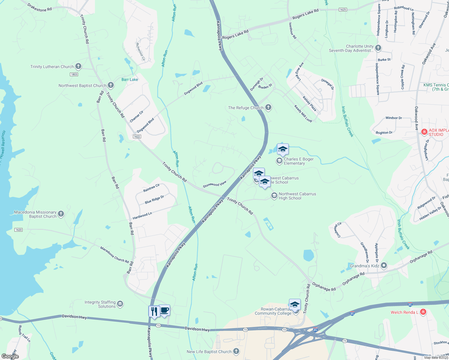 map of restaurants, bars, coffee shops, grocery stores, and more near 2619 Stonewood View in Kannapolis
