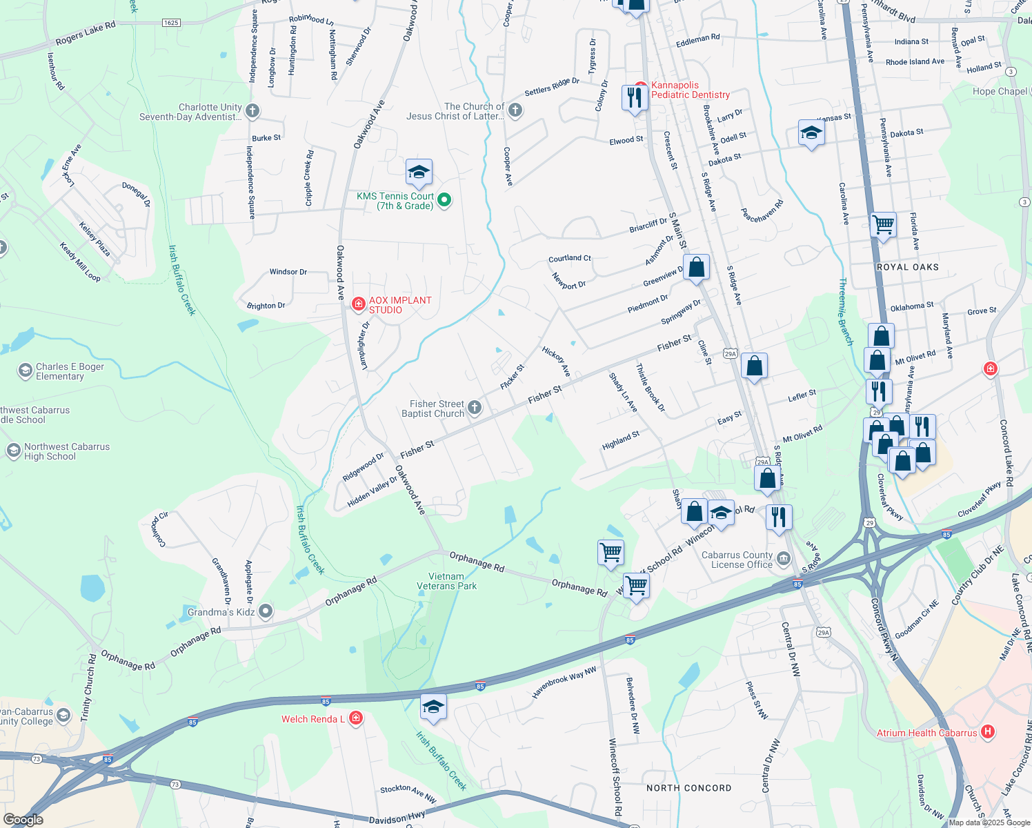 map of restaurants, bars, coffee shops, grocery stores, and more near 713 Fisher Street in Concord