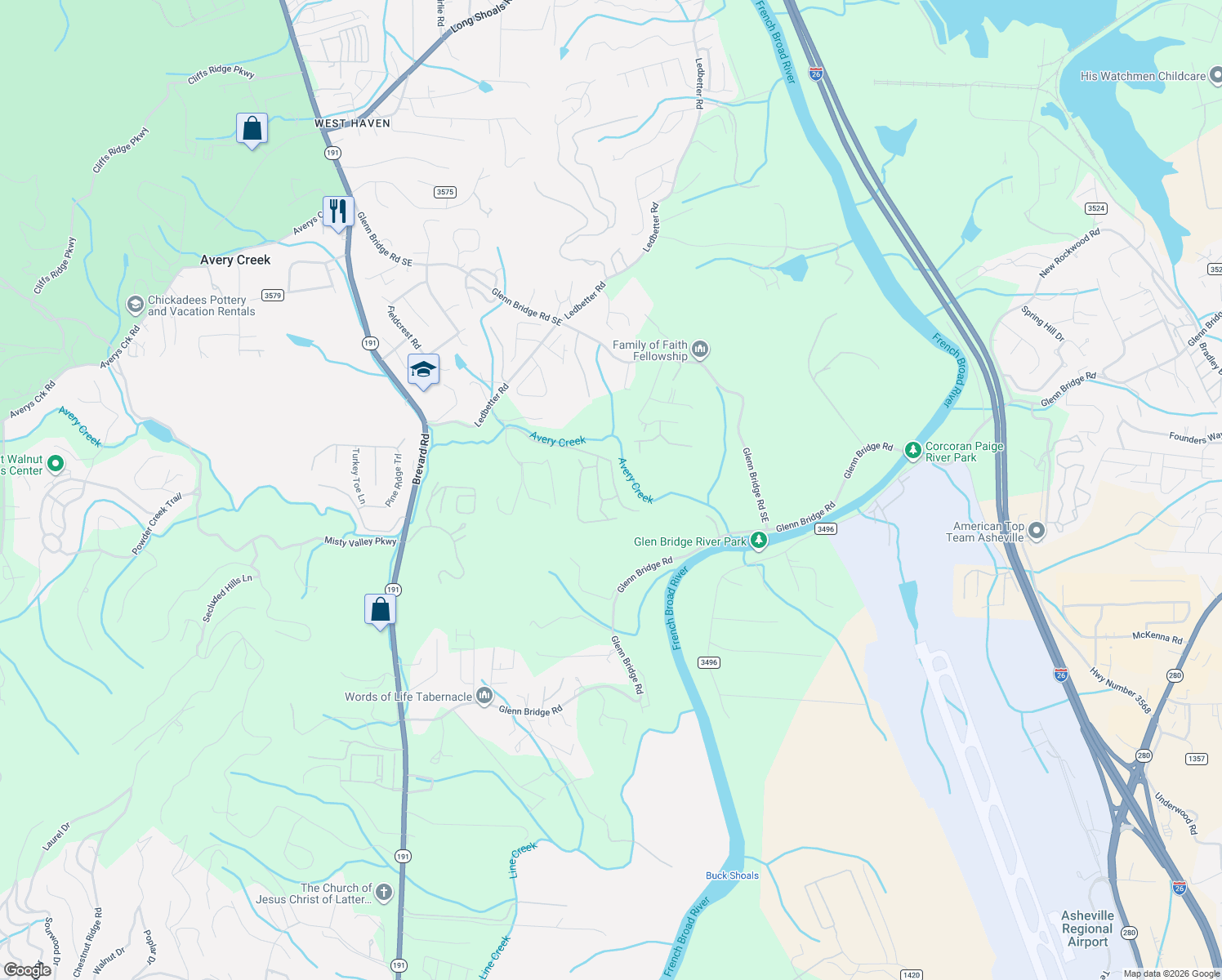 map of restaurants, bars, coffee shops, grocery stores, and more near 53 Mallard Run Drive in Arden