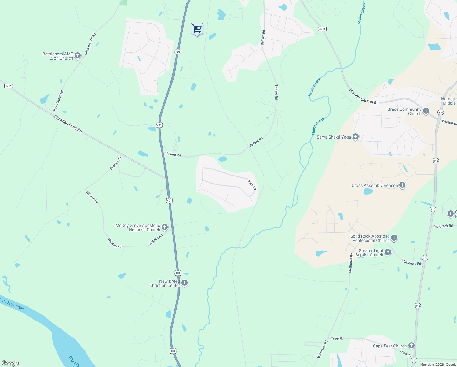 map of restaurants, bars, coffee shops, grocery stores, and more near 726 Ruth Circle in Fuquay-Varina