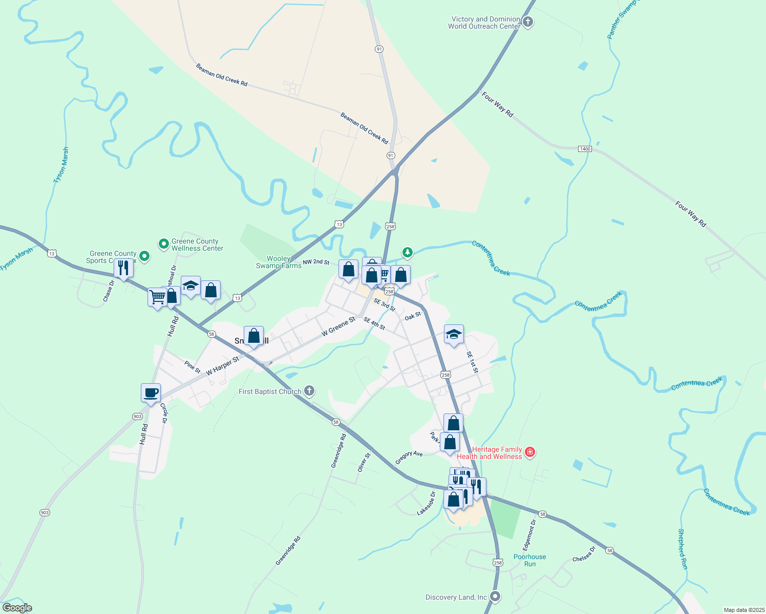 map of restaurants, bars, coffee shops, grocery stores, and more near 113 Southeast 3rd Street in Snow Hill