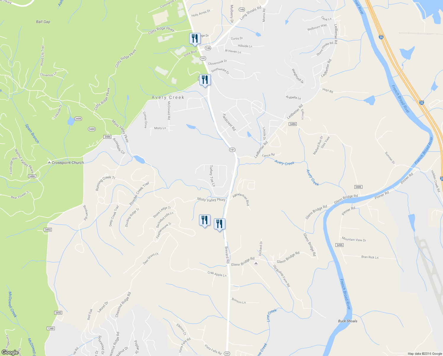 map of restaurants, bars, coffee shops, grocery stores, and more near 12 Holly Ridge Court in Arden