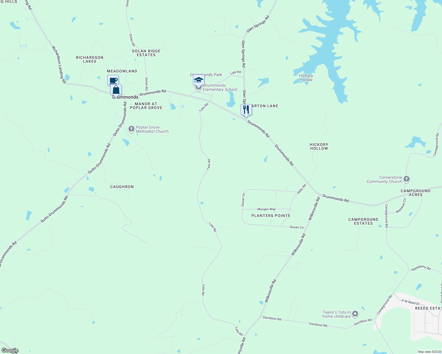 map of restaurants, bars, coffee shops, grocery stores, and more near 1052 Tate Road in Drummonds