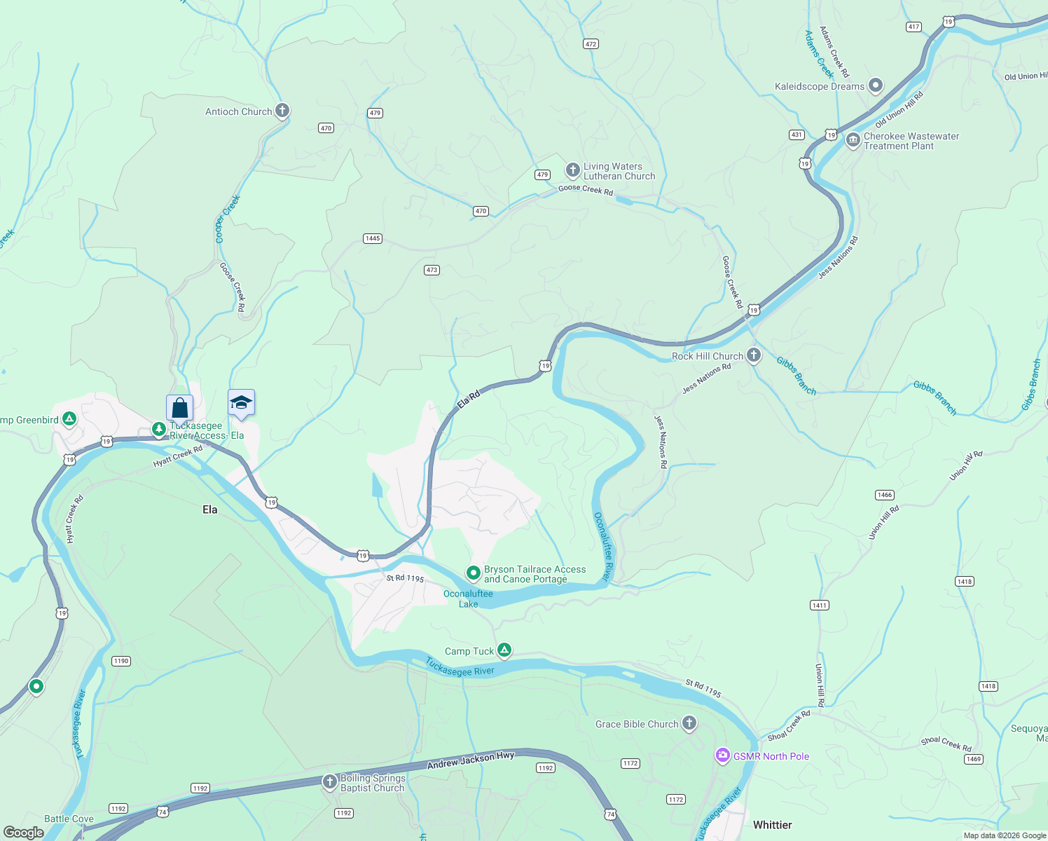 map of restaurants, bars, coffee shops, grocery stores, and more near 44 Riverside Drive in Bryson City