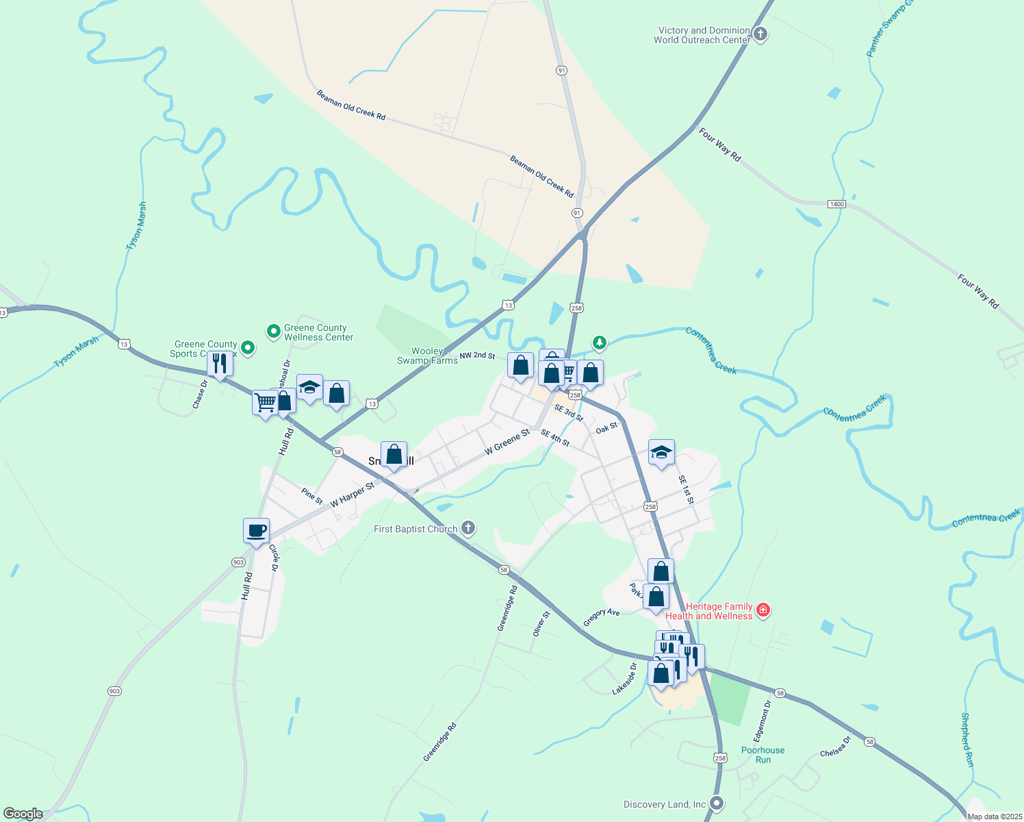 map of restaurants, bars, coffee shops, grocery stores, and more near 109 Northwest 4th Street in Snow Hill