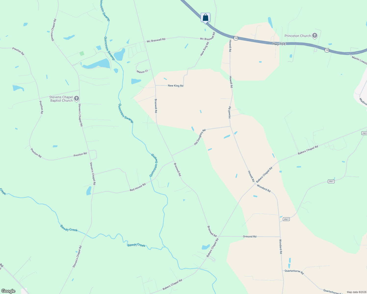 map of restaurants, bars, coffee shops, grocery stores, and more near 115 Old Daughtry Road in Princeton