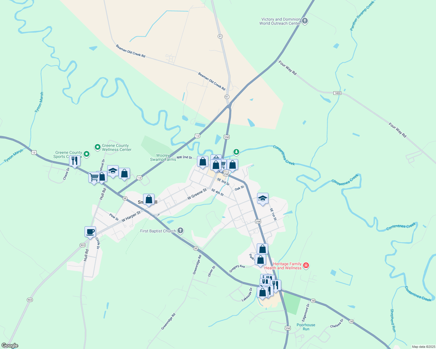 map of restaurants, bars, coffee shops, grocery stores, and more near 209 North Greene Street in Snow Hill