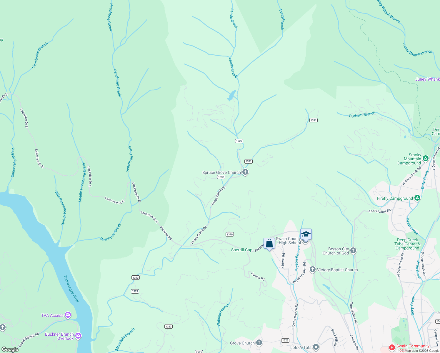 map of restaurants, bars, coffee shops, grocery stores, and more near 105 Brooks Road in Bryson City