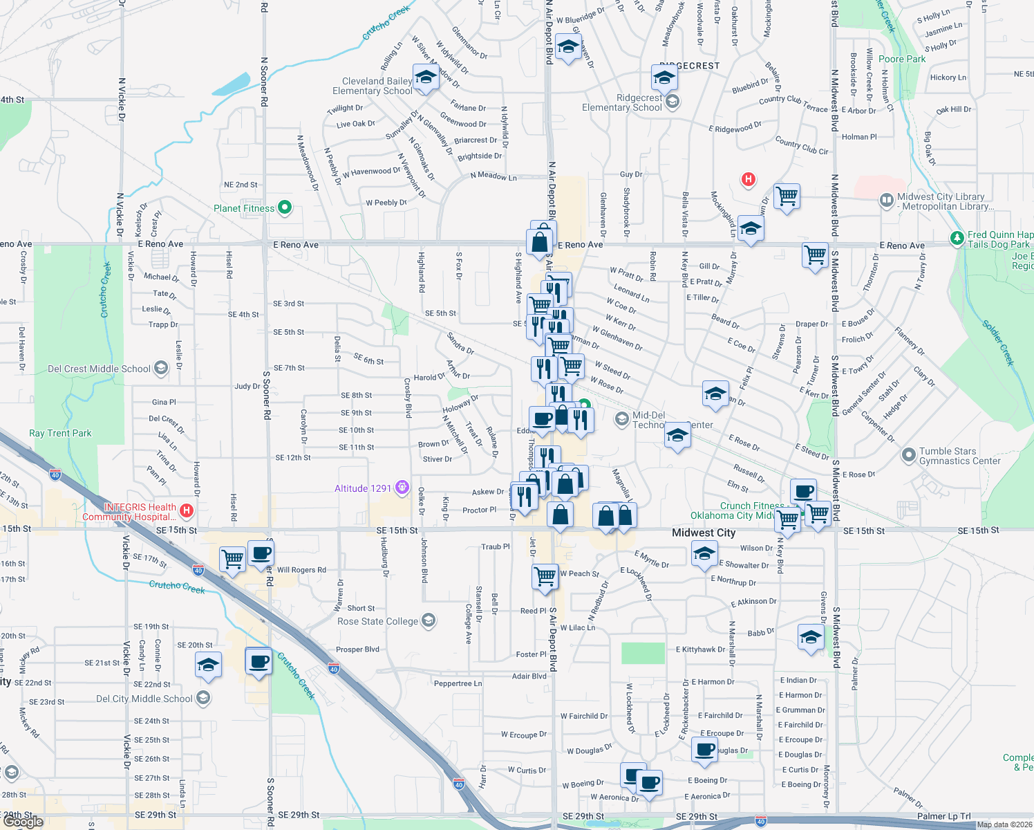 map of restaurants, bars, coffee shops, grocery stores, and more near 1916 Sandra Drive in Midwest City