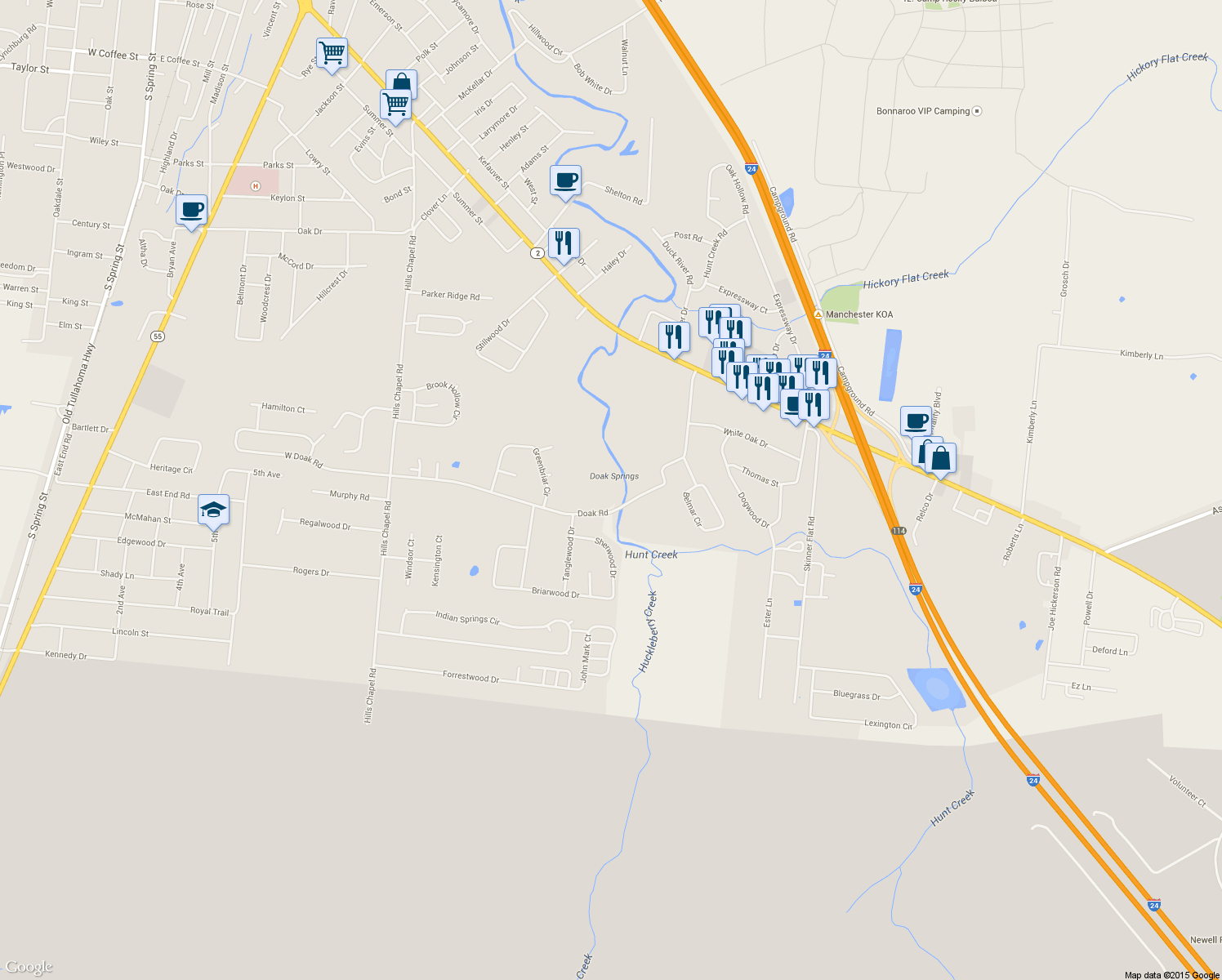 map of restaurants, bars, coffee shops, grocery stores, and more near 590 Doak Road in Manchester