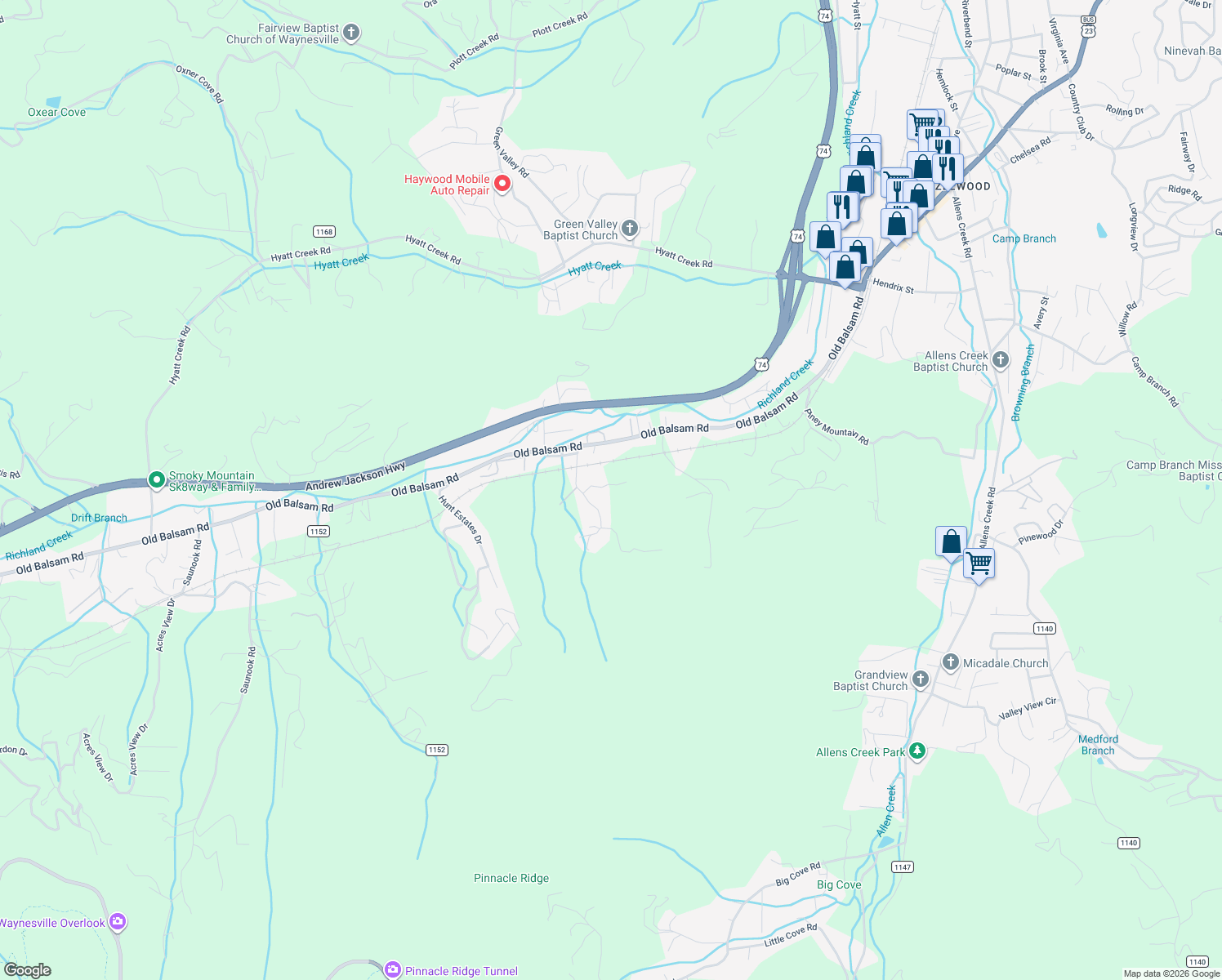 map of restaurants, bars, coffee shops, grocery stores, and more near 74 King Arthur Court in Waynesville
