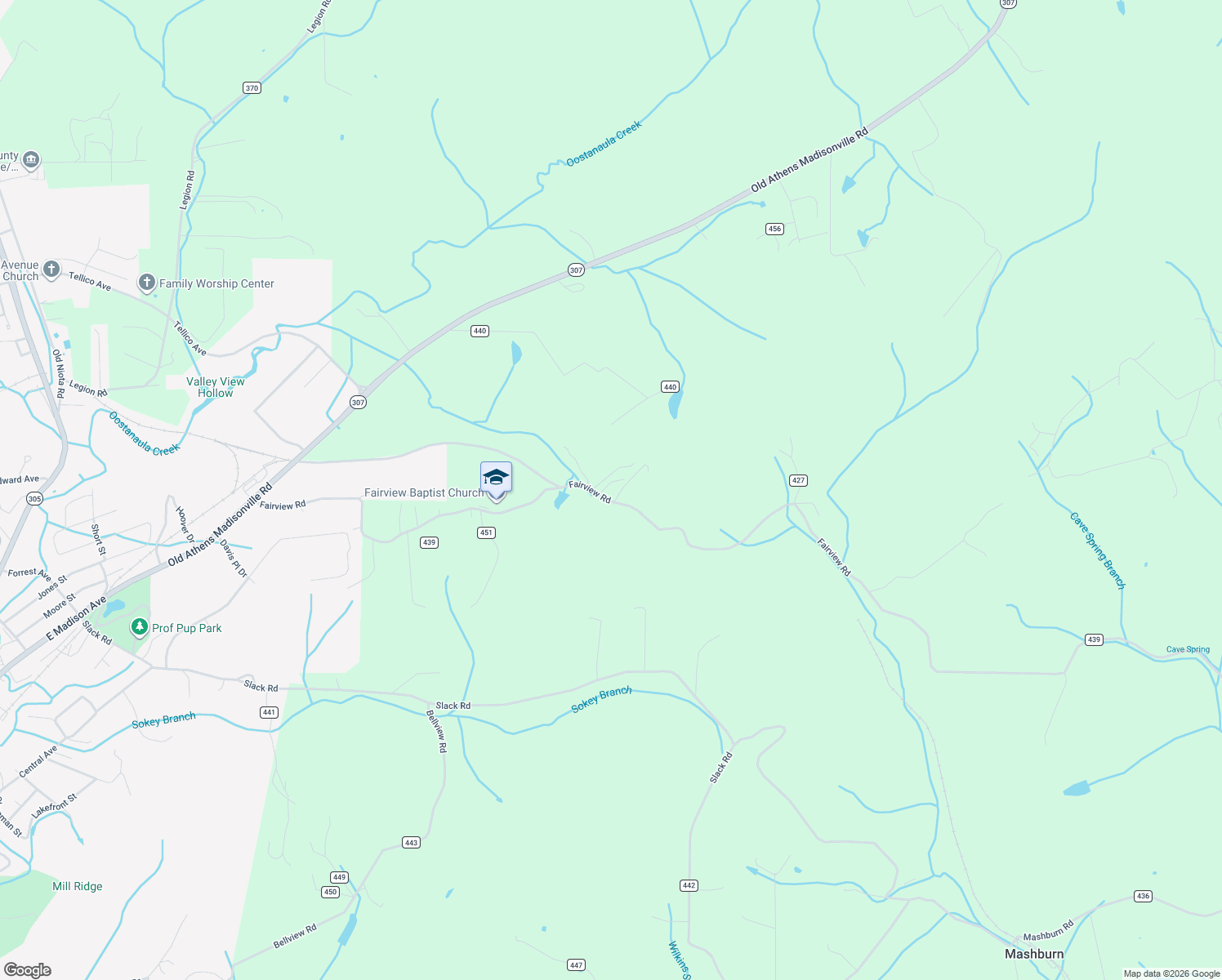 map of restaurants, bars, coffee shops, grocery stores, and more near 343 County Road 439 in Athens