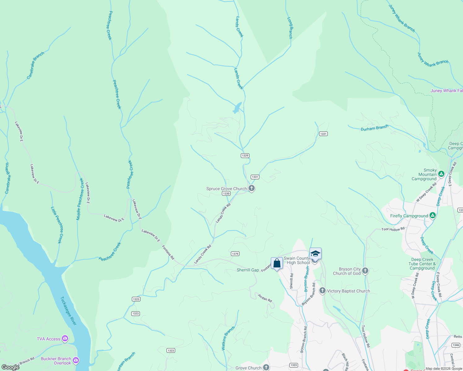 map of restaurants, bars, coffee shops, grocery stores, and more near 105 Brooks Road in Bryson City