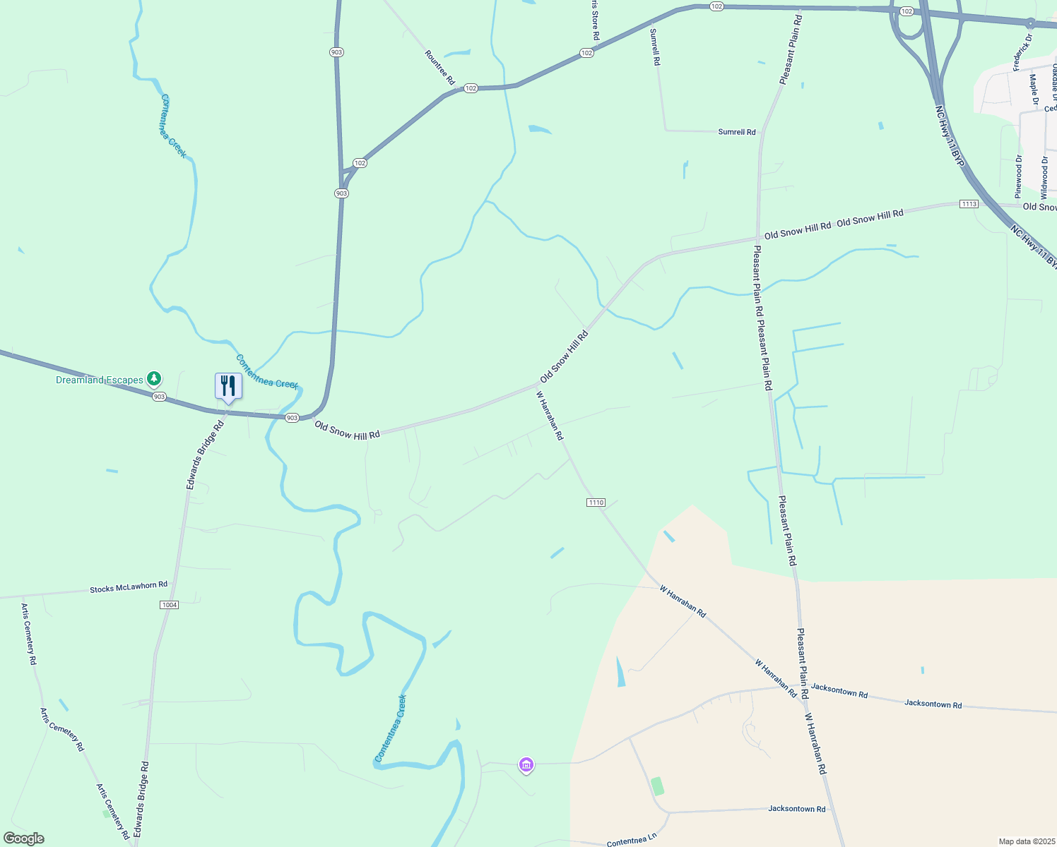 map of restaurants, bars, coffee shops, grocery stores, and more near 824 Snohan Road in Ayden