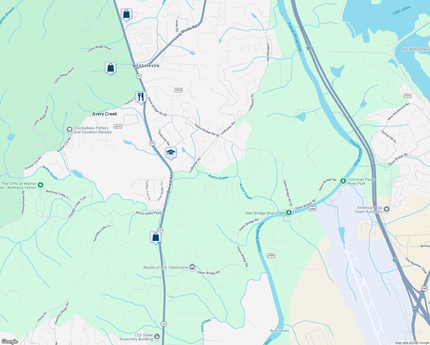 map of restaurants, bars, coffee shops, grocery stores, and more near 30 George Allen Ridge in Arden