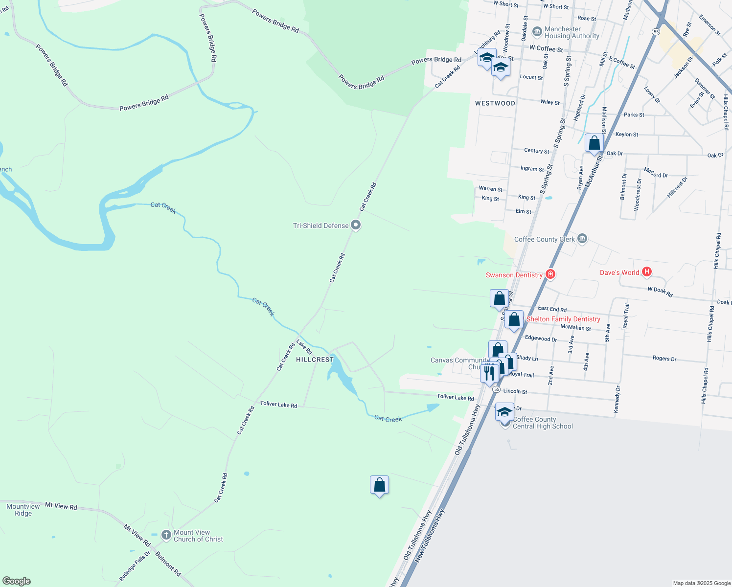 map of restaurants, bars, coffee shops, grocery stores, and more near 1114 Cat Creek Road in Manchester
