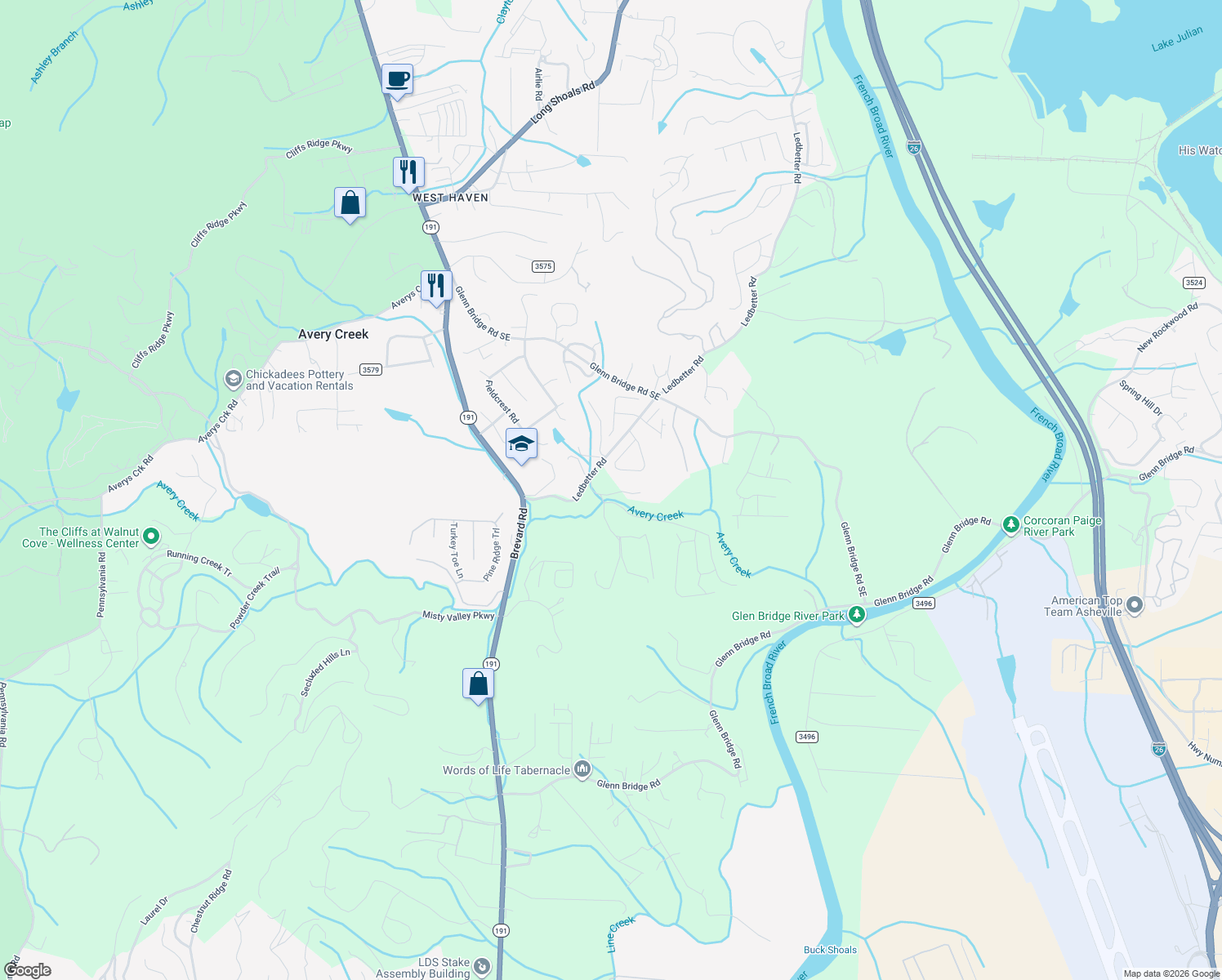 map of restaurants, bars, coffee shops, grocery stores, and more near 34 Asher Lane in Arden