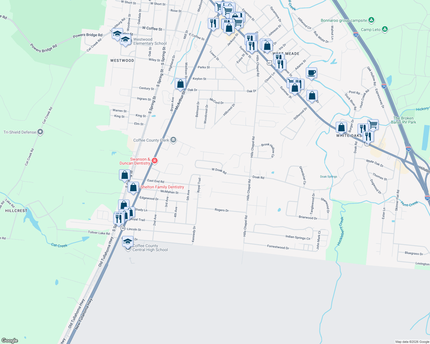 map of restaurants, bars, coffee shops, grocery stores, and more near 335 W Doak Rd in Manchester