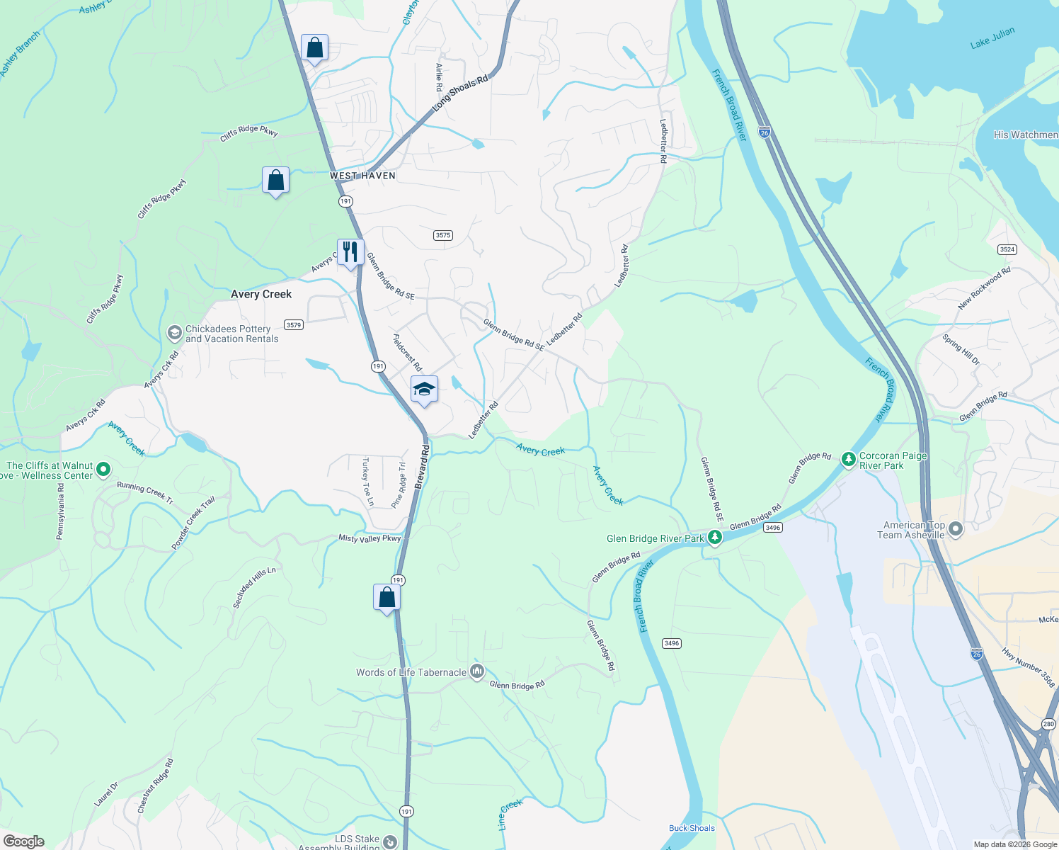 map of restaurants, bars, coffee shops, grocery stores, and more near 30 Lance Road in Arden