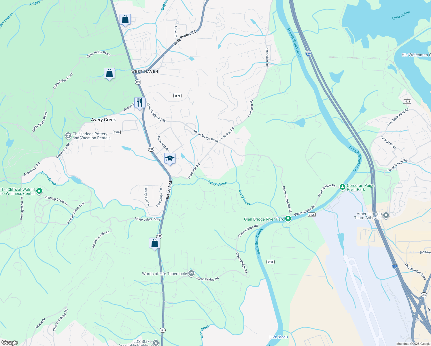 map of restaurants, bars, coffee shops, grocery stores, and more near 30 George Allen Ridge in Arden