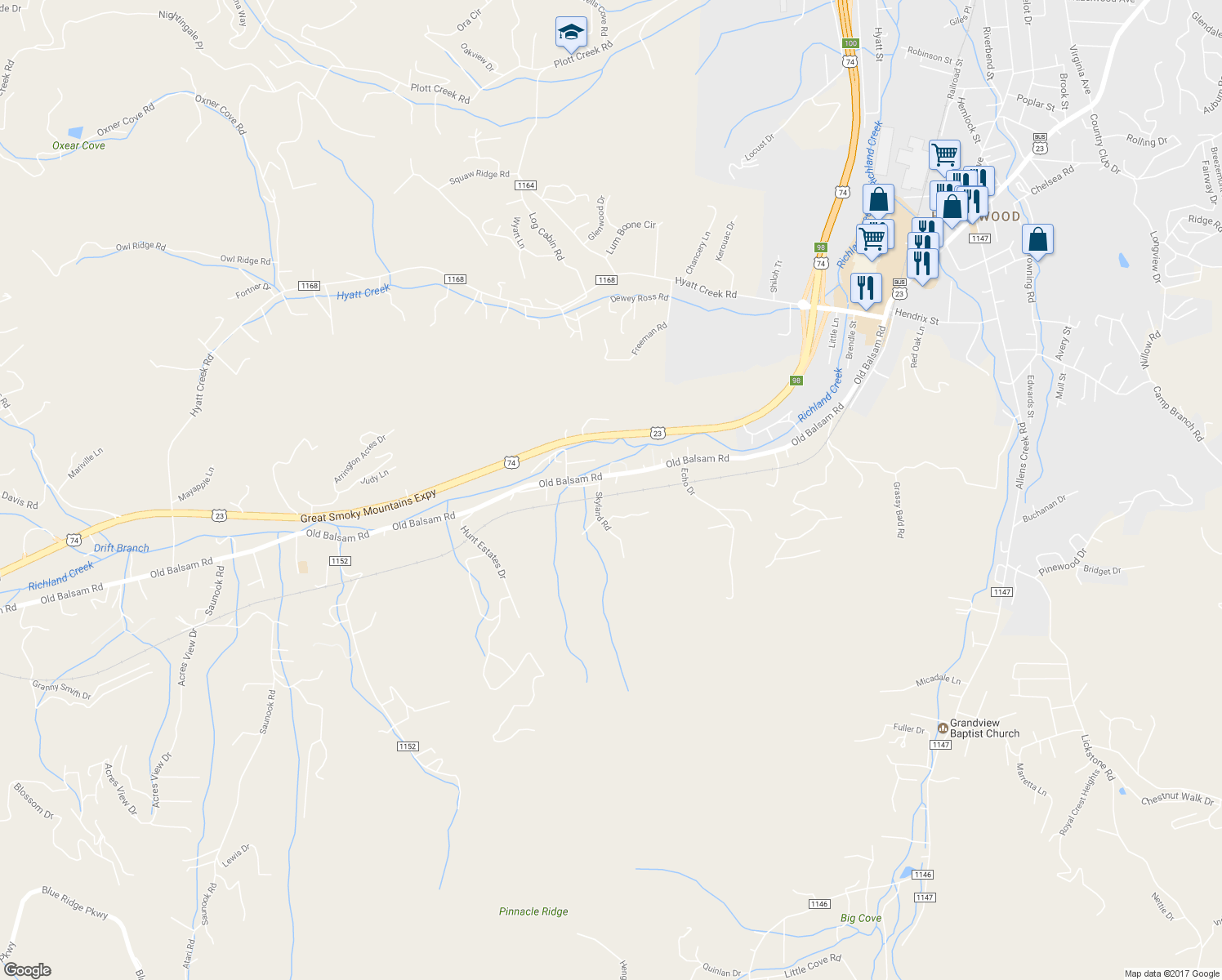 map of restaurants, bars, coffee shops, grocery stores, and more near 48 Lady Bug Dr in Waynesville