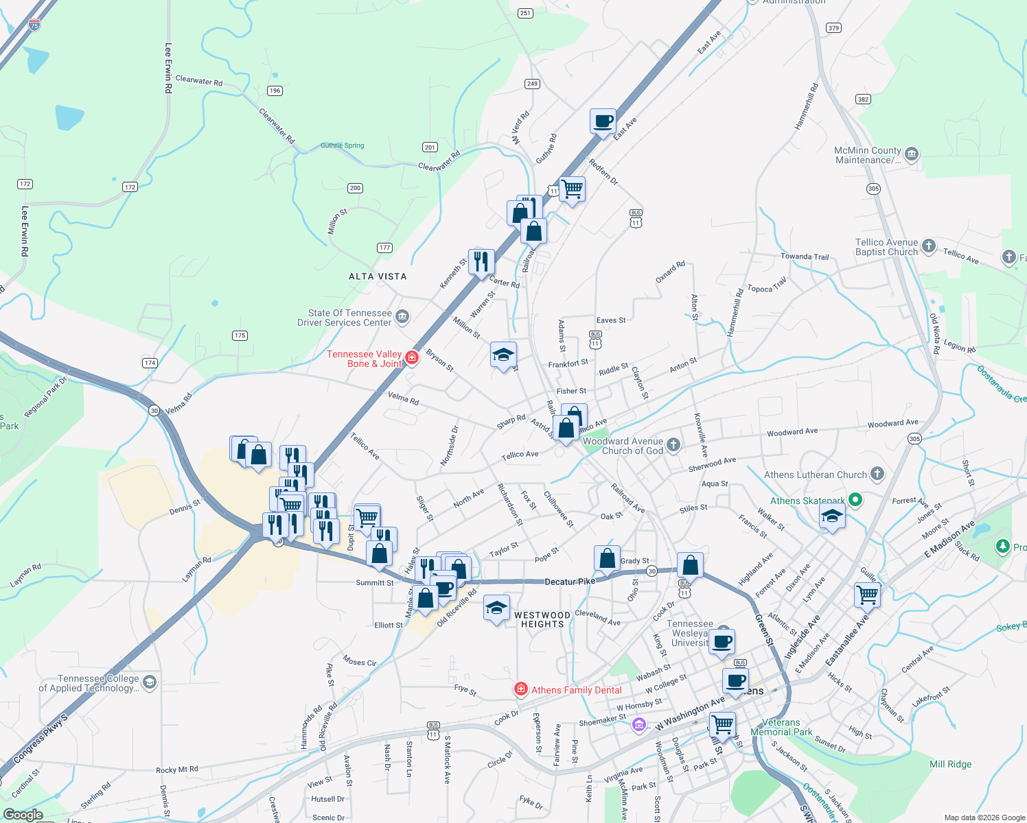 map of restaurants, bars, coffee shops, grocery stores, and more near 208 Bryson St in Athens