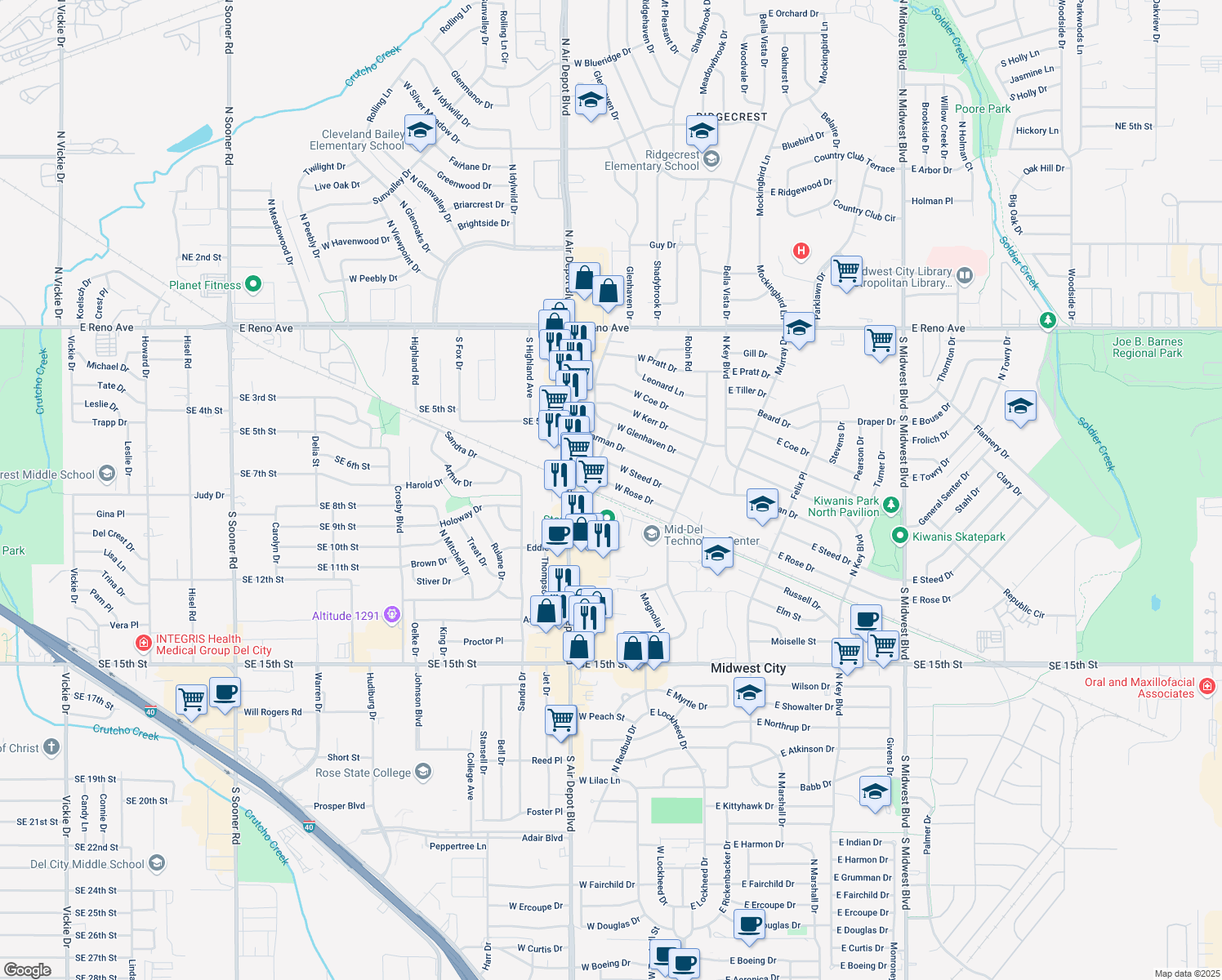 map of restaurants, bars, coffee shops, grocery stores, and more near 224 W Rose Dr in Midwest City