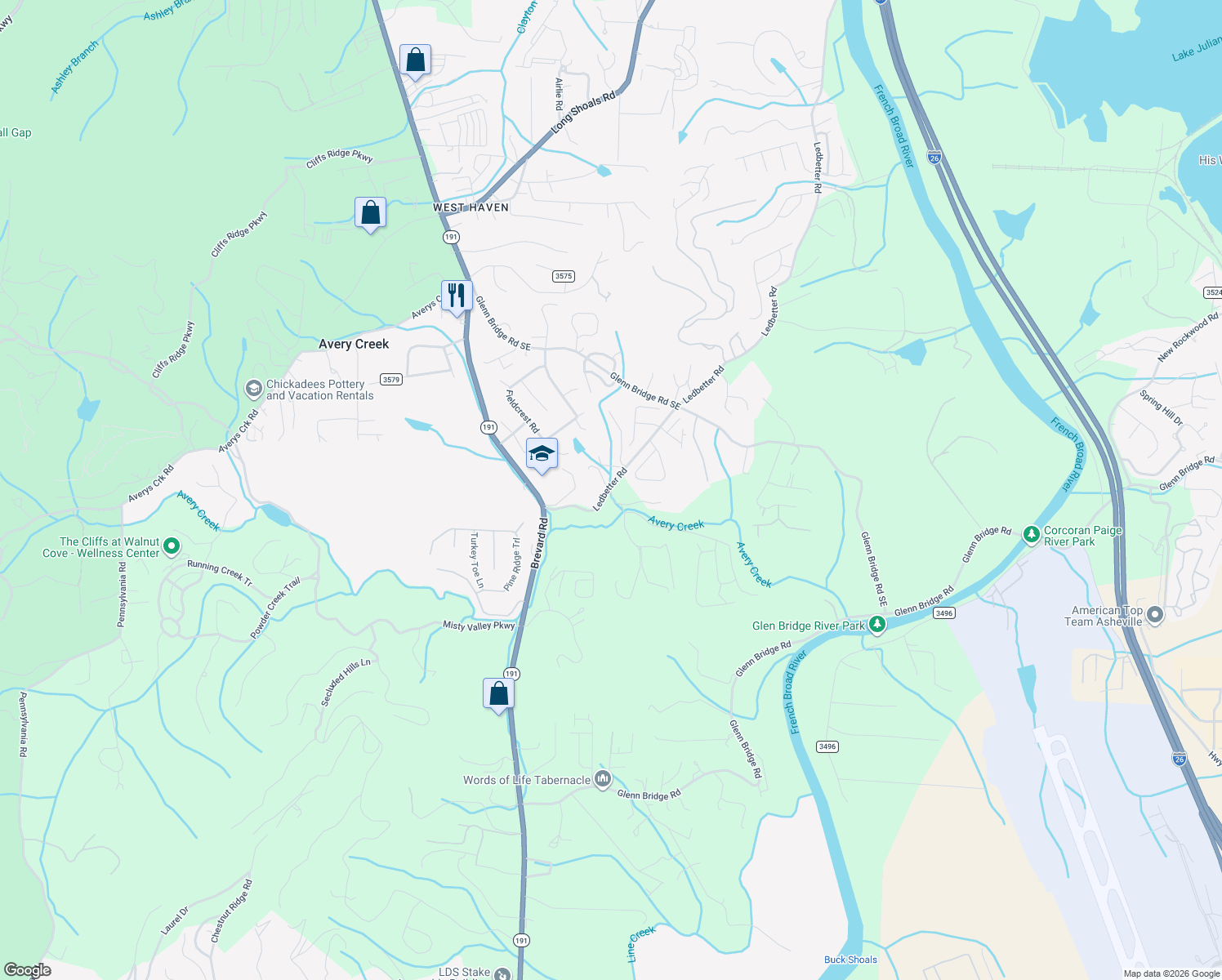 map of restaurants, bars, coffee shops, grocery stores, and more near 30 Lance Road in Arden