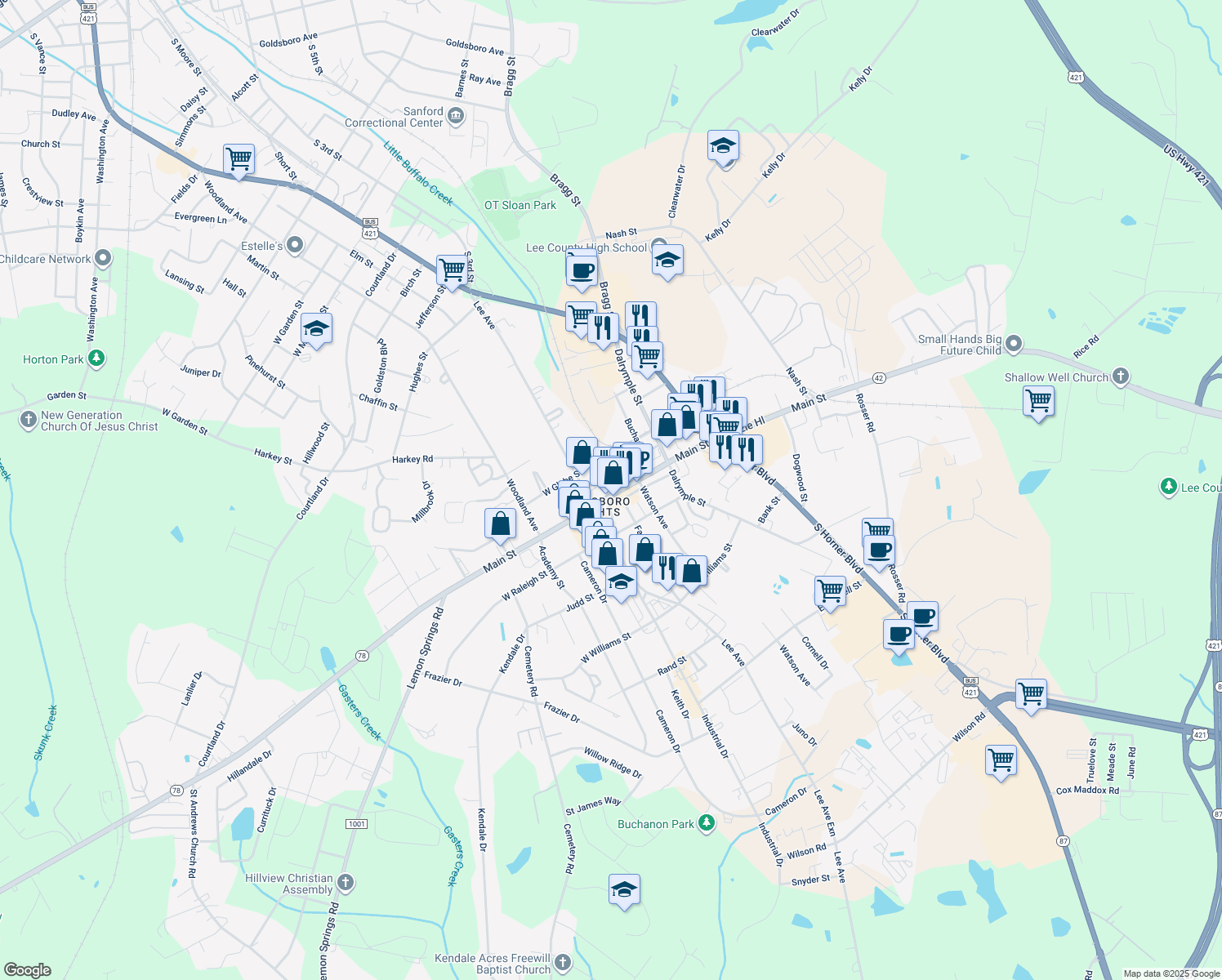 map of restaurants, bars, coffee shops, grocery stores, and more near 114 West Main Street in Sanford