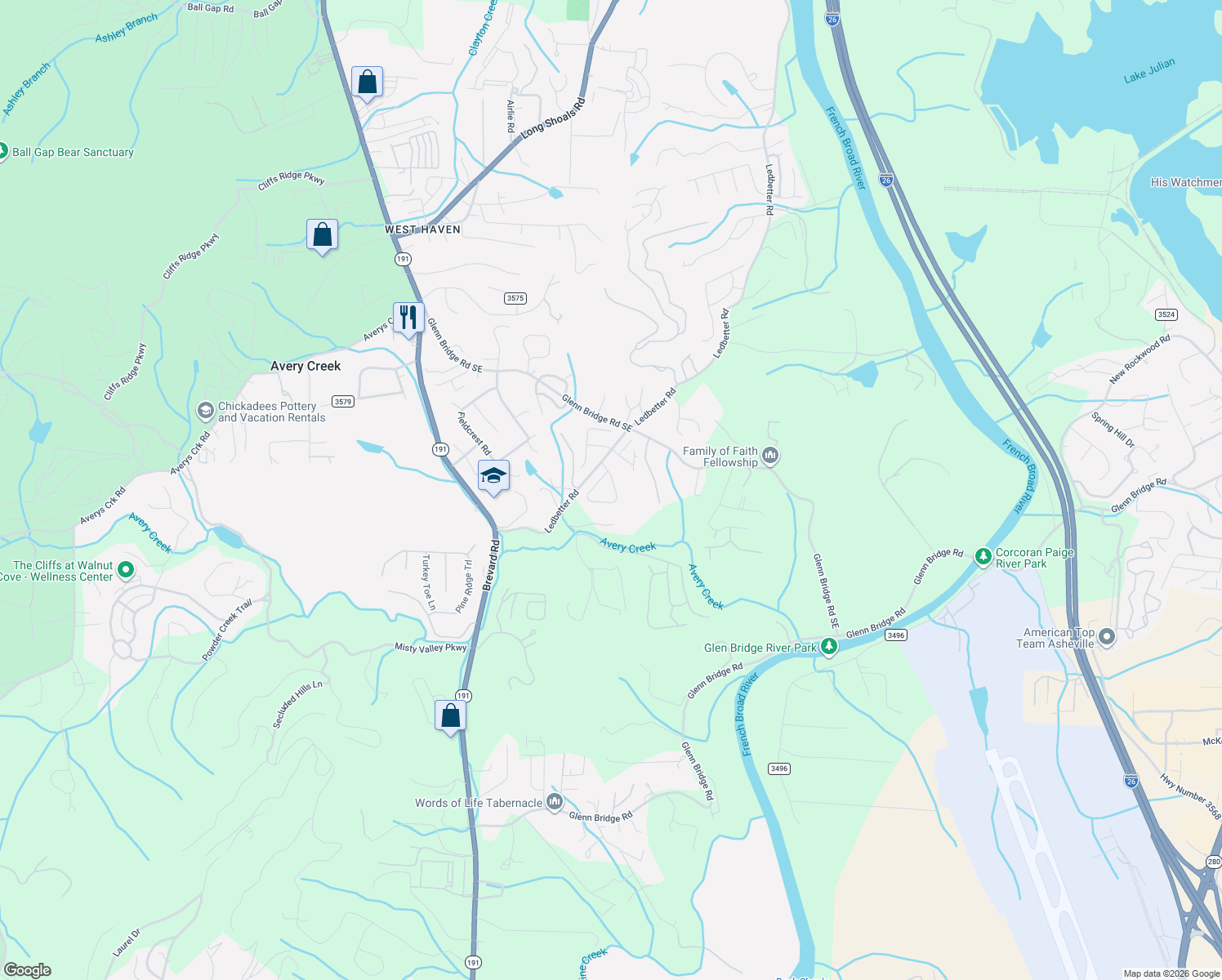 map of restaurants, bars, coffee shops, grocery stores, and more near 10 Asher Lane in Arden