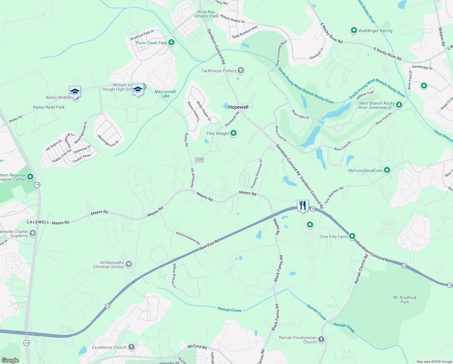 map of restaurants, bars, coffee shops, grocery stores, and more near 13415 Mayes Road in Huntersville