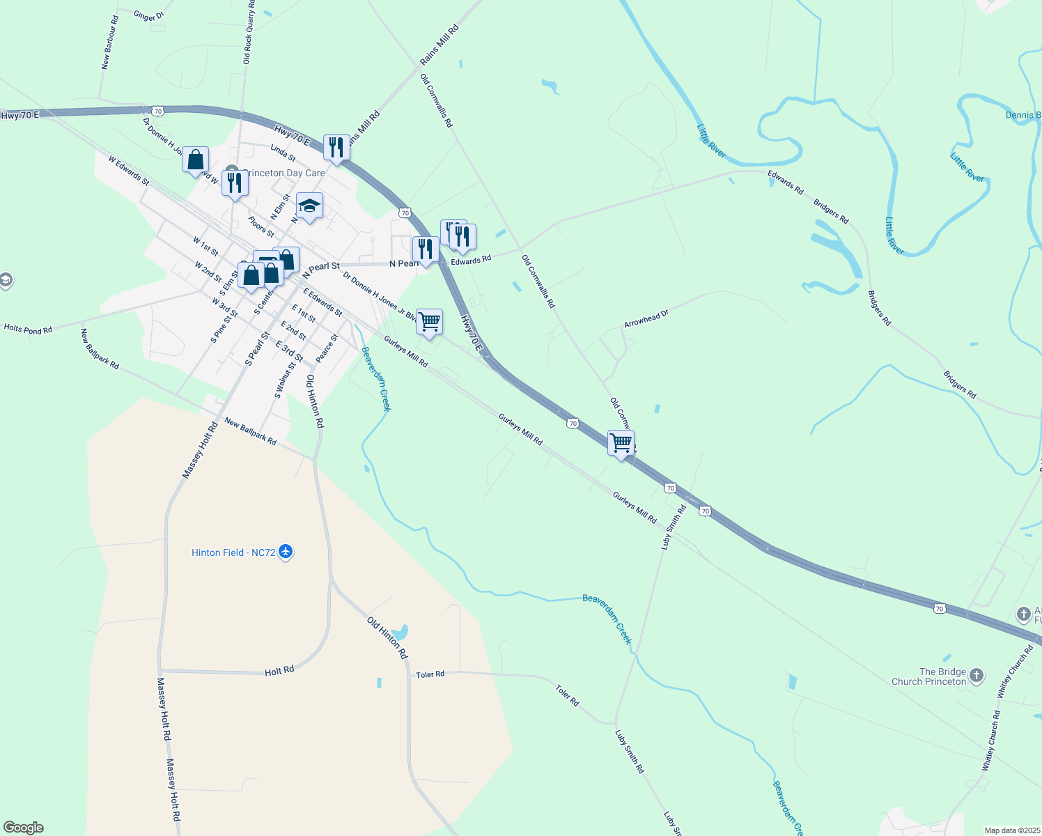 map of restaurants, bars, coffee shops, grocery stores, and more near 741 Gurleys Mill Road in Princeton