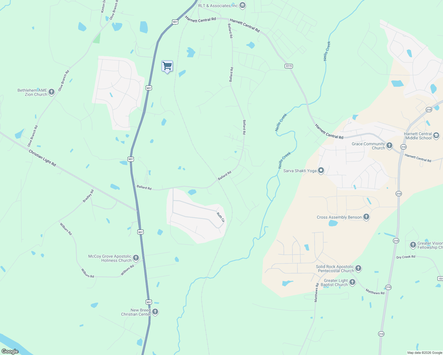 map of restaurants, bars, coffee shops, grocery stores, and more near 668 Ballard Road in Fuquay-Varina