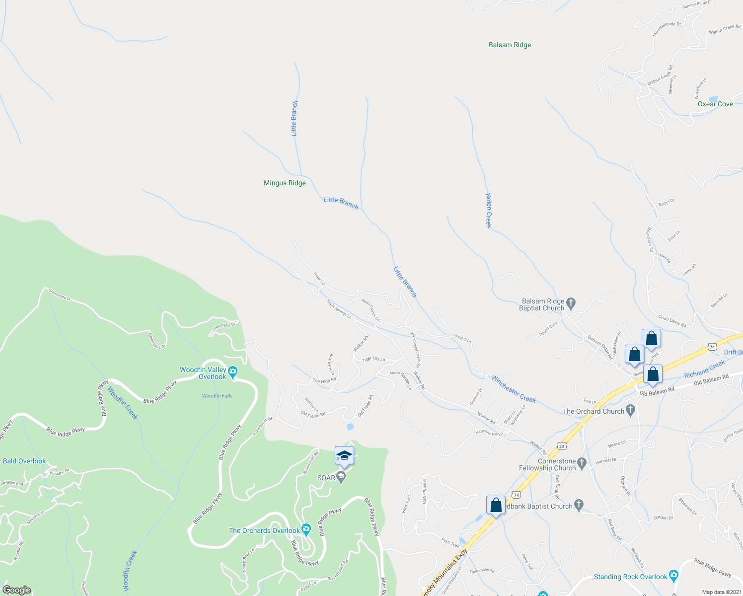 map of restaurants, bars, coffee shops, grocery stores, and more near 188 Avery Patrick Lane in Waynesville