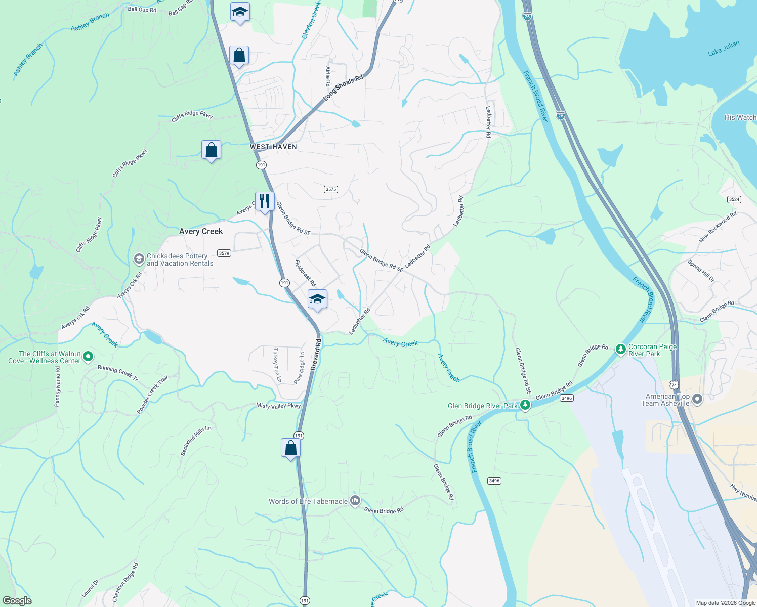 map of restaurants, bars, coffee shops, grocery stores, and more near 52 Asher Lane in Arden