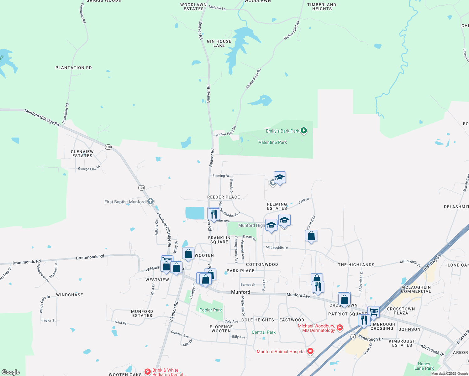 map of restaurants, bars, coffee shops, grocery stores, and more near 340 Brenda Drive in Munford