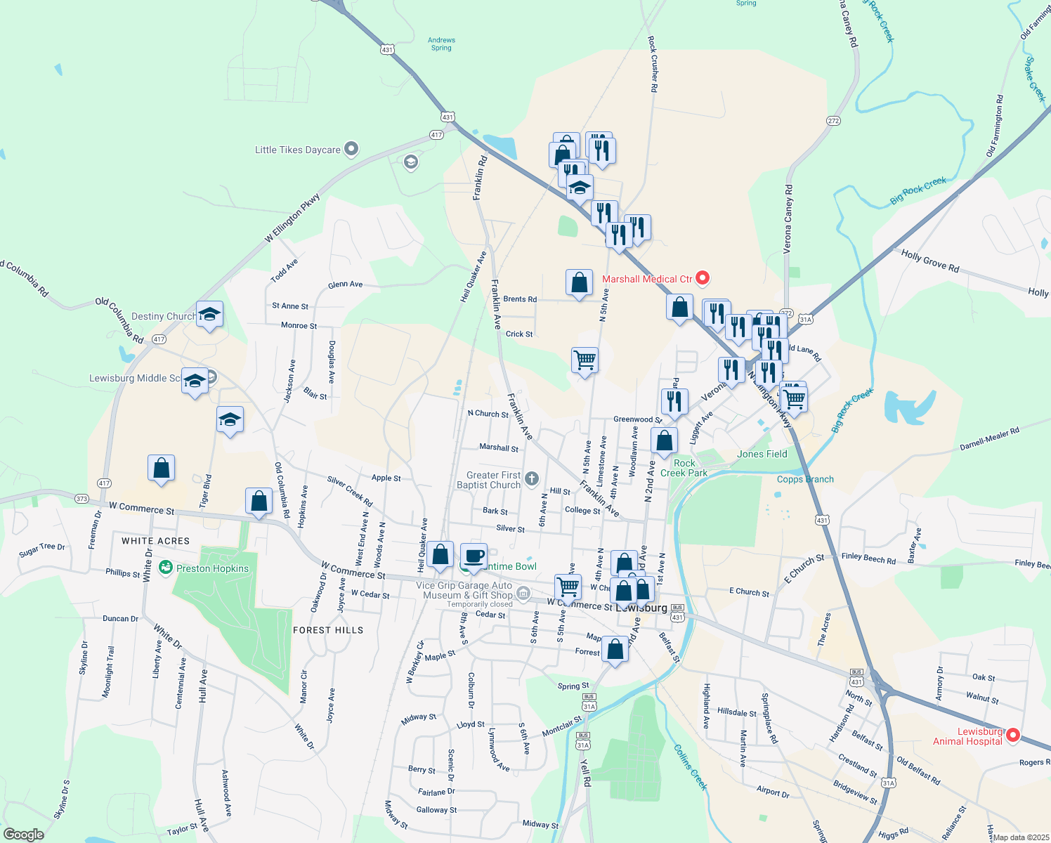 map of restaurants, bars, coffee shops, grocery stores, and more near 660 Franklin Avenue in Lewisburg