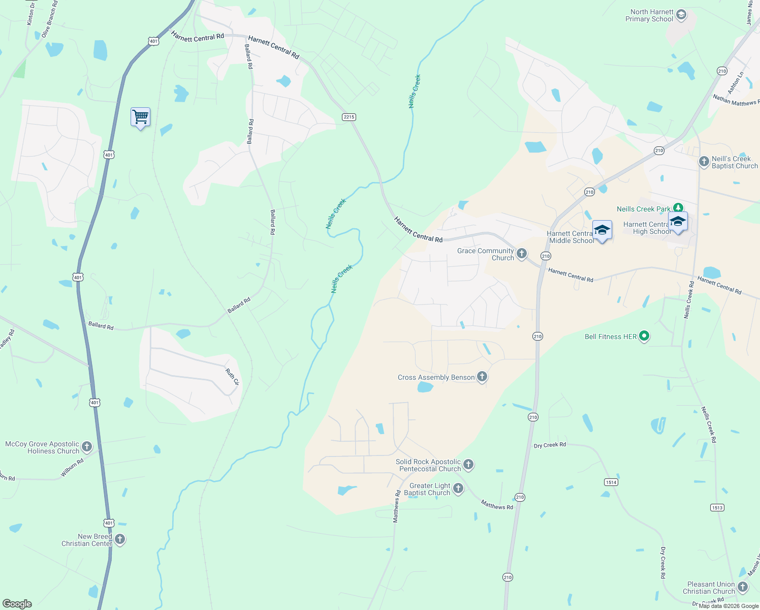 map of restaurants, bars, coffee shops, grocery stores, and more near 10 Hunting Wood Drive in Angier