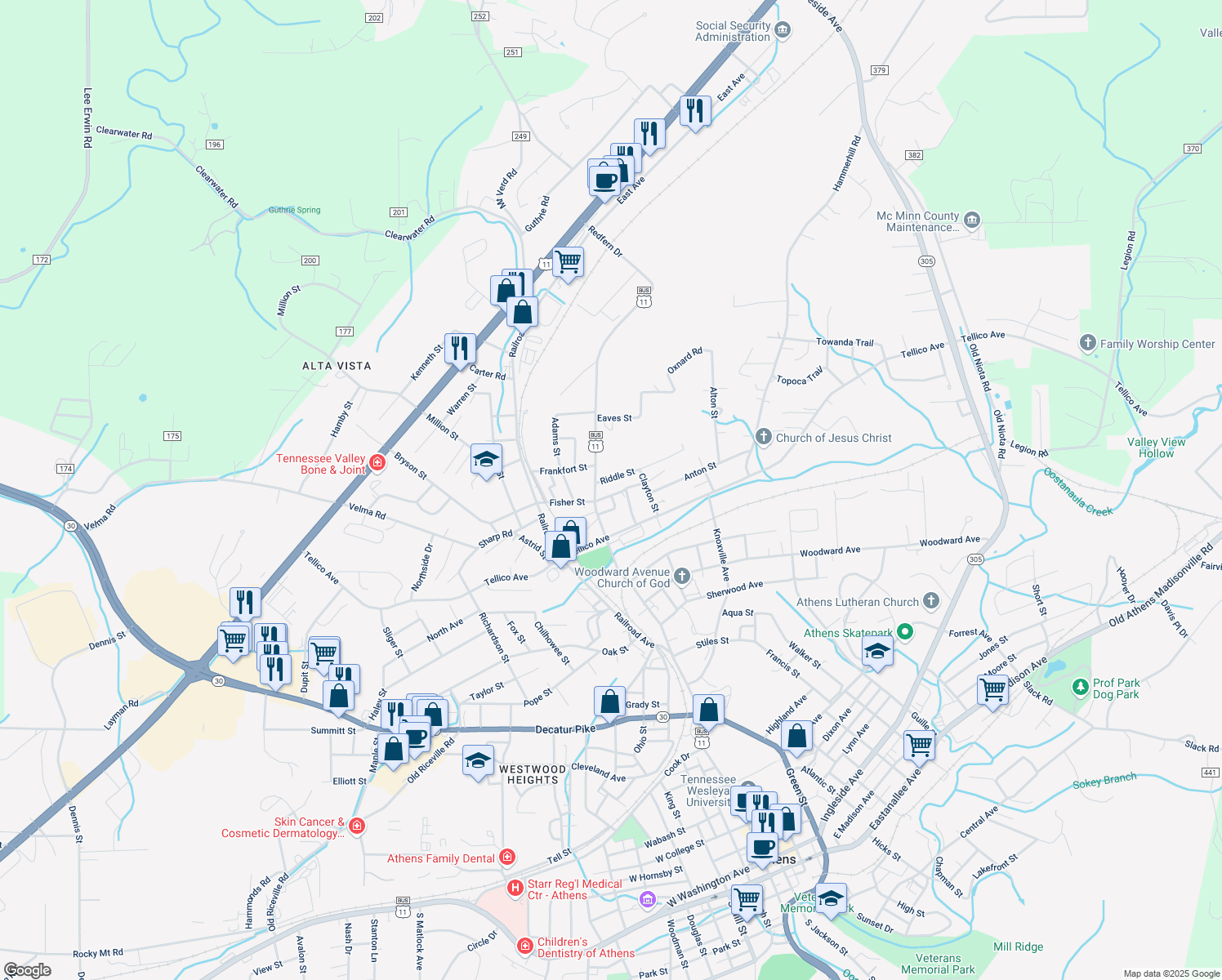 map of restaurants, bars, coffee shops, grocery stores, and more near 310 Fisher St in Athens
