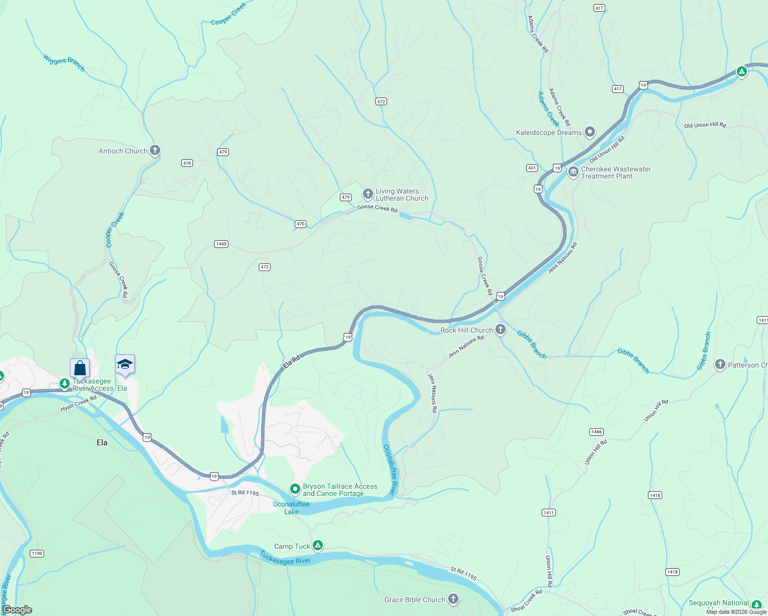 map of restaurants, bars, coffee shops, grocery stores, and more near 6593 Ela Road in Swain County