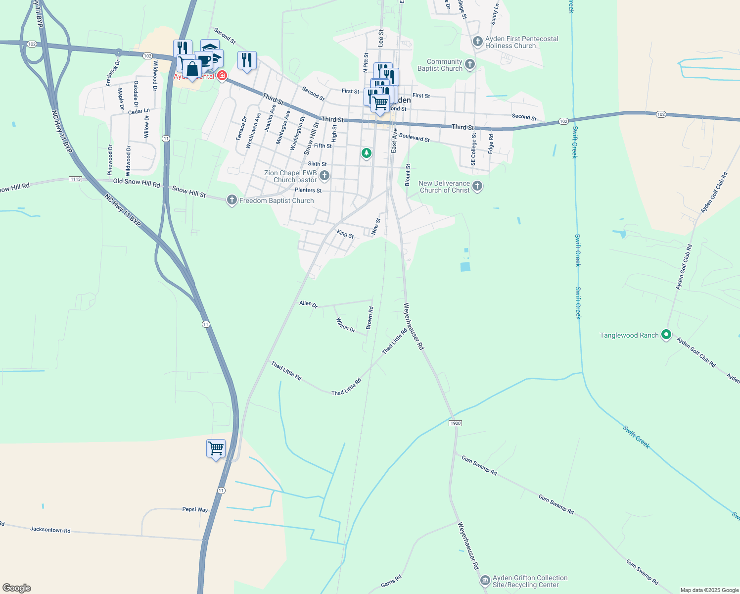 map of restaurants, bars, coffee shops, grocery stores, and more near 359 Allen Dr in Ayden
