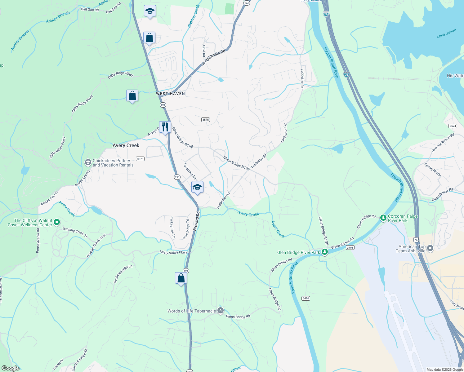 map of restaurants, bars, coffee shops, grocery stores, and more near 52 Asher Lane in Arden