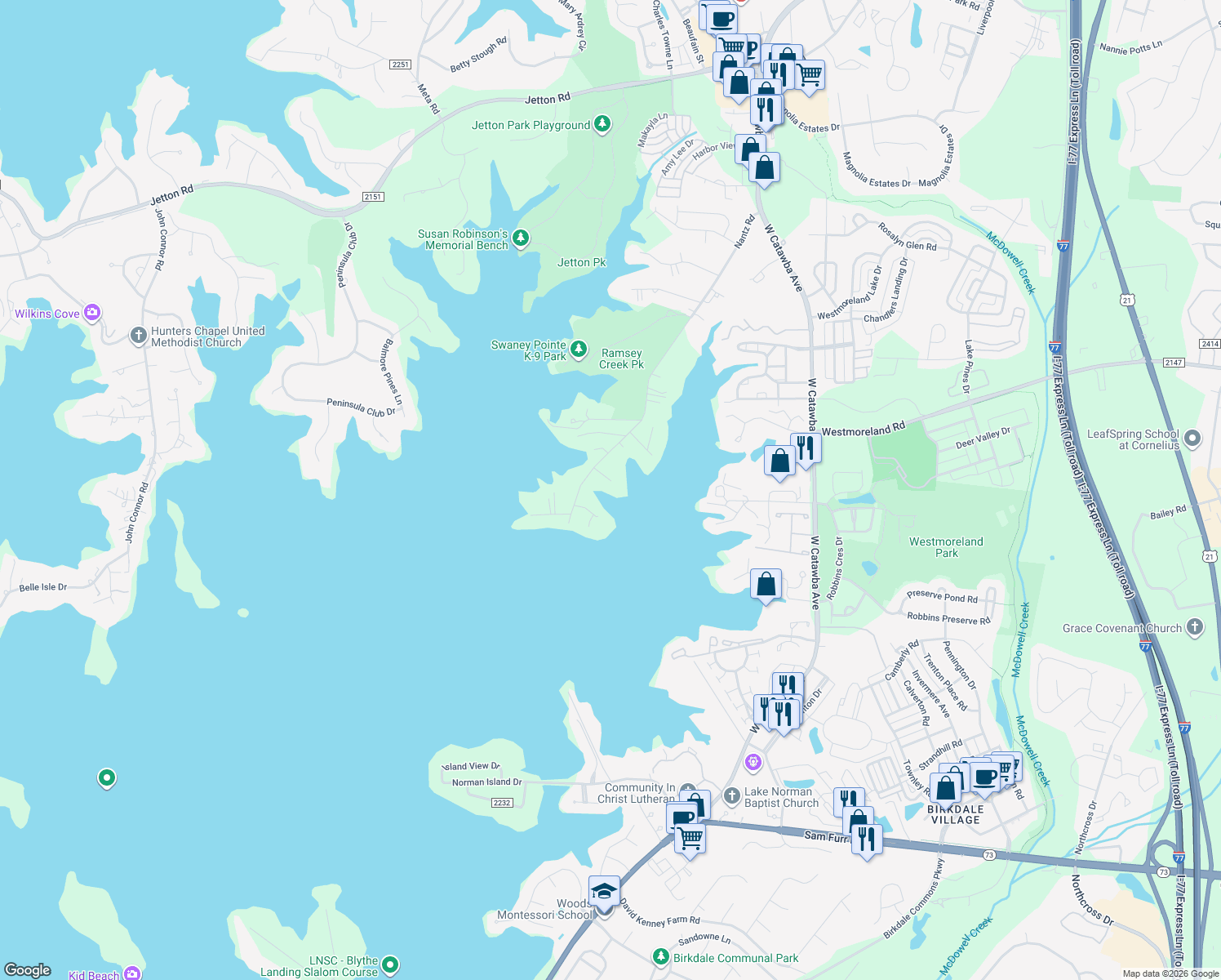 map of restaurants, bars, coffee shops, grocery stores, and more near 18101 Arbor Place in Cornelius