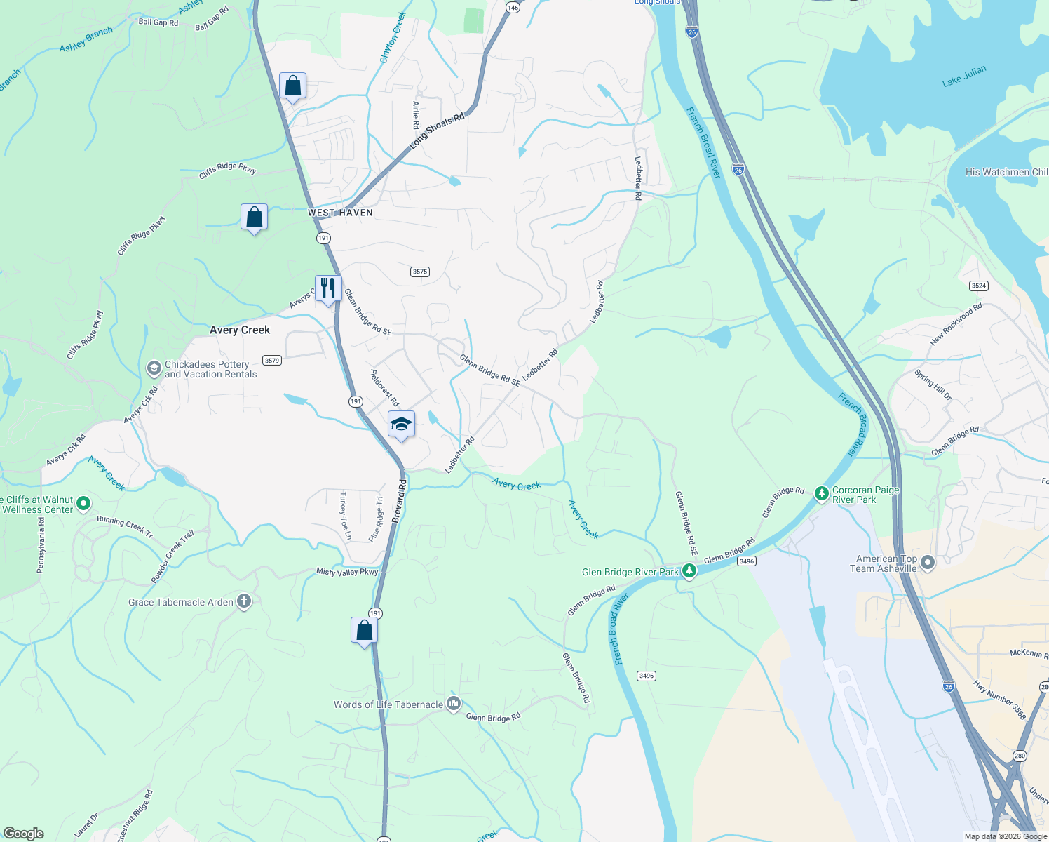map of restaurants, bars, coffee shops, grocery stores, and more near 21 Hollow Crest Way in Arden